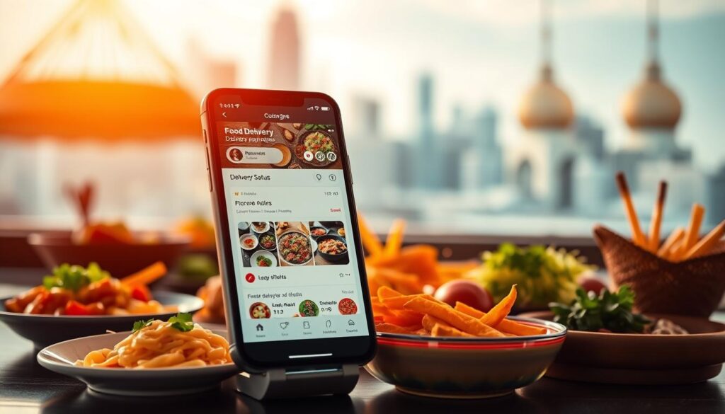 A modern, sleek food delivery app interface with a vibrant, appetizing background. The foreground features a smartphone display showcasing a clean, intuitive UI with order details, delivery status, and restaurant options. The middle ground depicts an array of delectable, freshly-prepared dishes against a blurred city skyline, evoking the diverse cuisine options available. Warm, natural lighting casts a welcoming glow, and the overall composition conveys a sense of convenience, efficiency, and culinary delight for the discerning Singaporean foodie.