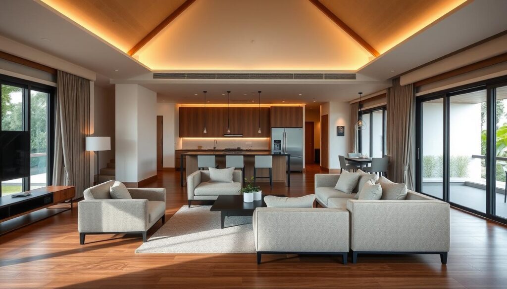 A modern, well-appointed chalet interior at The Chevrons, a luxury resort in Singapore. The room features an open floor plan with large windows that flood the space with natural light. Sleek, contemporary furniture in neutral tones accents the hardwood floors and minimalist decor. A plush, oversized sofa and armchair sit around a low coffee table, creating an inviting seating area. The kitchen, visible in the background, is equipped with state-of-the-art stainless steel appliances. Soft, indirect lighting casts a warm glow, enhancing the cozy, serene atmosphere. The overall impression is one of refined sophistication and relaxation.