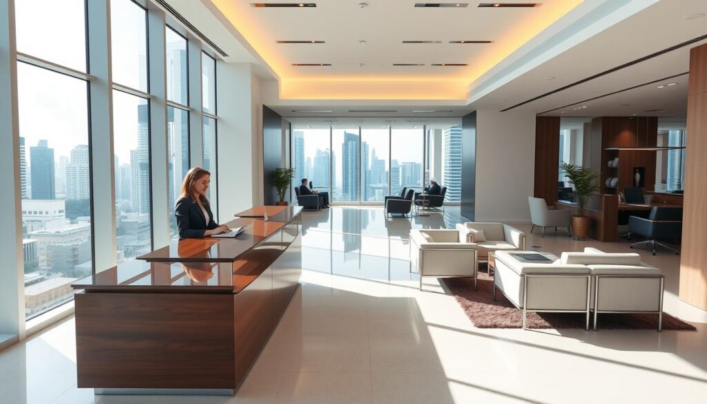 A modern, well-appointed law office in the heart of Singapore's business district. The scene features a spacious, sunlit reception area with sleek, minimalist furniture and floor-to-ceiling windows offering panoramic views of the city skyline. In the foreground, a large, polished wood desk is staffed by a professional, attentive receptionist. Behind them, a hallway leads to private offices where experienced divorce lawyers consult with clients. The overall atmosphere conveys a sense of authority, expertise, and discretion befitting the sensitive nature of the legal services provided.