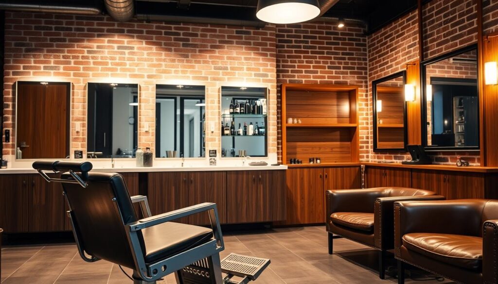 A modern, well-appointed men's hair studio with minimalist decor and warm lighting. In the foreground, a minimalist barber's chair with clean lines and a brushed metal finish. In the middle ground, a series of mirrors and shelves displaying premium hair care products. The background features exposed brick walls, wood-paneled accents, and a cozy seating area with plush leather chairs. The overall atmosphere conveys a sense of sophistication, attention to detail, and a personalized grooming experience for the discerning male clientele.