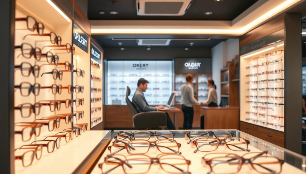 A modern, well-appointed optical shop interior. In the foreground, a sleek display of high-quality eyewear frames, meticulously arranged and illuminated by warm, directional lighting. In the middle ground, a customer sits comfortably in an ergonomic chair, being expertly assisted by a knowledgeable optician, who guides them through the selection process. The background features clean, minimalist decor with subtle nods to the brand's identity, creating a tranquil and inviting atmosphere. The overall scene conveys a sense of professionalism, attention to detail, and a commitment to providing a premium eyewear experience.