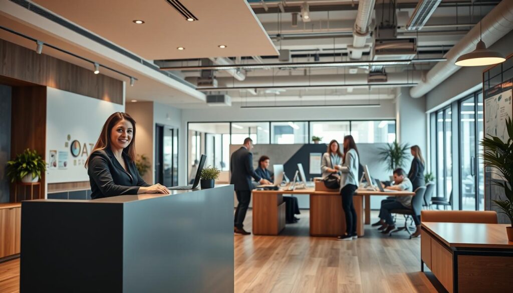 A modern, well-equipped employment service office with a warm, welcoming atmosphere. In the foreground, a friendly receptionist greets visitors at a sleek, minimalist reception desk. The middle ground features job seekers consulting with helpful, attentive career counselors. The background showcases an airy, open-concept workspace filled with natural light, polished wood furnishings, and discreet technology. A sense of professionalism, competence, and a commitment to connecting the right people with the right opportunities permeates the scene. Soft, indirect lighting casts a reassuring glow, creating an inviting and professional ambiance.