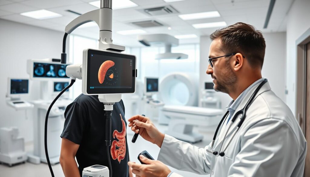 A modern, well-equipped medical facility featuring state-of-the-art diagnostic and treatment technologies. In the foreground, a doctor uses an advanced endoscopy system to examine a patient's gastrointestinal tract. The middle ground showcases a range of specialized medical devices, including ultrasound machines and CT scanners. The background depicts a sleek, minimalist interior design with clean lines, ample natural lighting, and a serene, calming atmosphere. The overall scene conveys a sense of medical expertise, innovation, and patient-centric care.