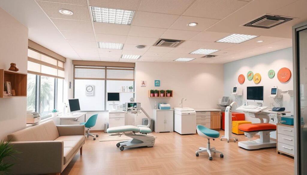 A modern, well-equipped pediatric clinic in Singapore, with a warm, welcoming atmosphere. The interior features a bright, airy reception area with comfortable seating and playful decor. In the examination rooms, state-of-the-art medical equipment is arranged neatly, conveying a sense of professionalism and care. Soft, diffused lighting casts a soothing glow, while large windows allow natural light to fill the space. Colorful wall art and toys create a child-friendly environment, putting young patients at ease. The overall impression is one of high-quality, compassionate pediatric care that caters to the unique needs of Singaporean families.