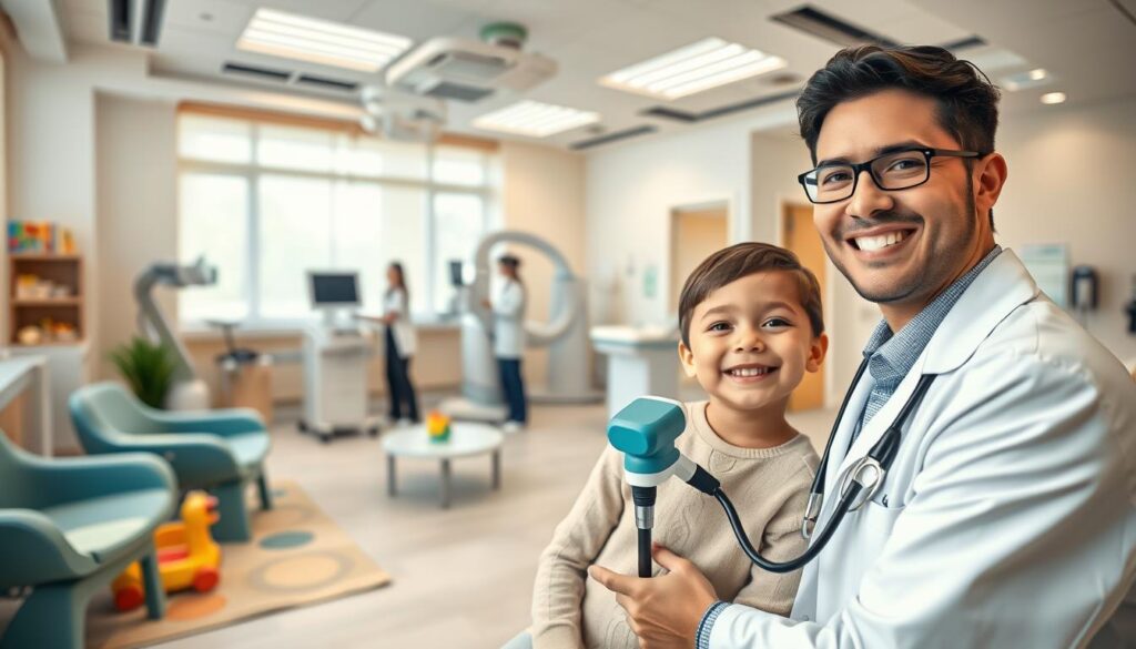 A modern, well-equipped pediatric clinic with warm, welcoming interiors. In the foreground, a friendly doctor in a white coat examines a smiling child patient, using specialized medical equipment. The middle ground features a cozy waiting area with comfortable seating, educational toys, and soothing pastel colors. The background showcases state-of-the-art medical technology, including diagnostic machines and a team of attentive nurses. Soft, natural lighting illuminates the scene, creating a calming, professional atmosphere that conveys the highest standards of specialized pediatric care.