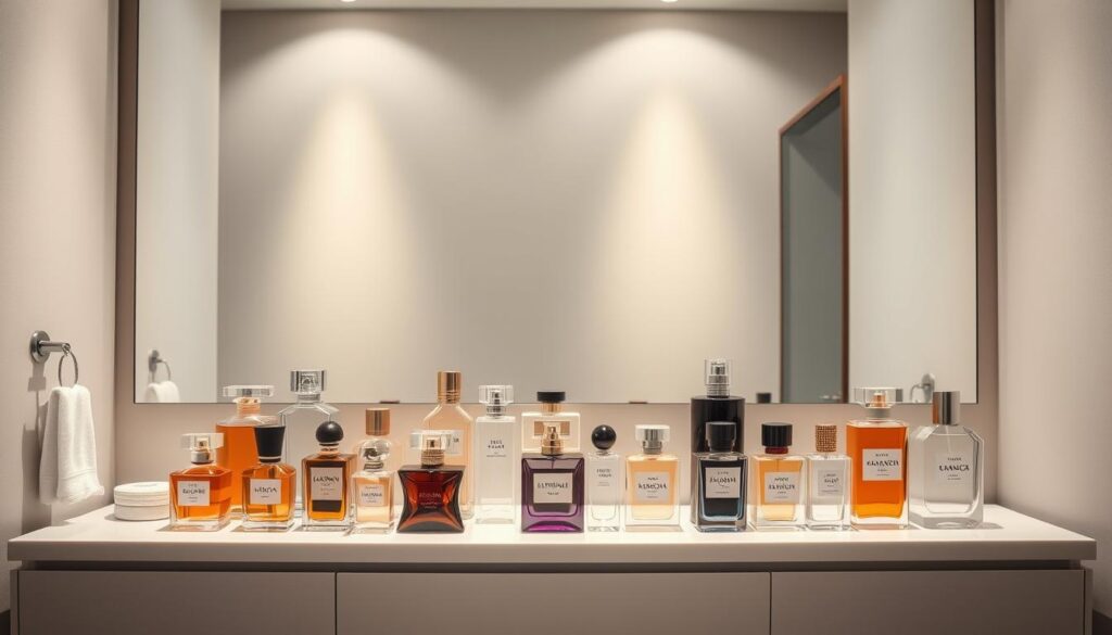 A modern, well-lit bathroom interior with a vanity countertop displaying an array of perfume bottles in various shapes, sizes, and colors. The bottles are arranged in an appealing, symmetrical layout, allowing the viewer to clearly see the different options. Diffused, soft lighting creates a serene, contemplative atmosphere, accentuating the delicate details and glass surfaces of the perfumes. The background features a minimalist, neutral-toned wall, providing a clean and uncluttered backdrop to the focal point of the perfume selection. The overall scene conveys a sense of refinement, thoughtfulness, and the process of carefully choosing the perfect fragrance.