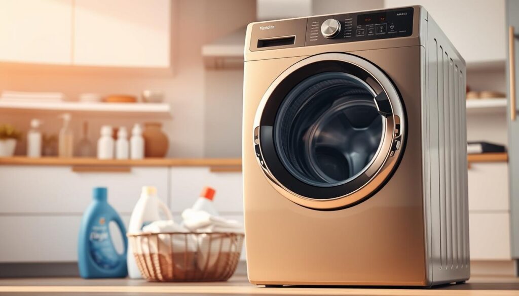 A modern, well-lit kitchen interior with a washing machine prominently displayed in the foreground. The appliance is a sleek, front-loading model with a large, transparent glass door showcasing its inner workings. The lighting is warm and natural, creating a welcoming atmosphere. In the middle ground, various laundry-related accessories are neatly arranged, such as detergent bottles, fabric softener, and a basket of clean clothes. The background features minimalist decor, with a neutral color scheme and simple shelving or cabinetry, allowing the washing machine to be the focal point of the scene.