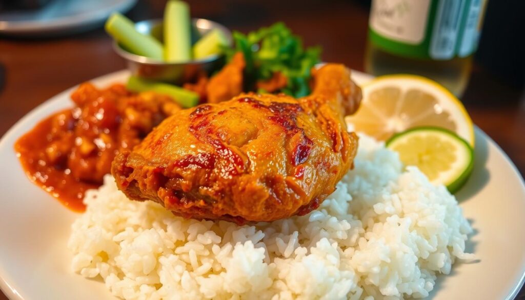 A mouth-watering plate of ayam penyet ria, a classic Singaporean dish. In the foreground, a juicy, golden-brown fried chicken thigh sits atop a bed of fluffy, fragrant white rice. Surrounding it, a vibrant array of accompaniments - crunchy, spicy sambal, cool cucumber slices, and a tangy lemon wedge. The lighting casts a warm, inviting glow, highlighting the dish's texture and colors. The camera angle is slightly elevated, giving a comprehensive view of the components. The overall atmosphere is one of casual, homestyle comfort, inviting the viewer to savor the flavors of this beloved Singaporean specialty.