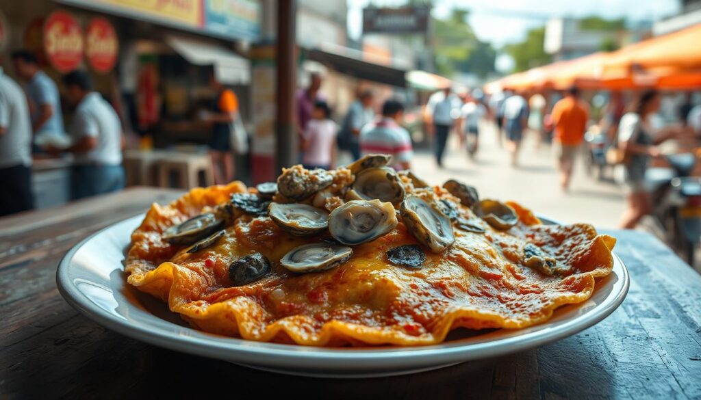 A mouth-watering platter of freshly fried oyster omelette sits on a weathered wooden table, bathed in soft natural lighting. The golden-brown omelette is dotted with plump, juicy oysters, their briny sweetness complemented by the savory, crisp edges. In the background, a bustling street scene of Bedok North unfolds, capturing the lively energy of this iconic hawker center. The image exudes a harmonious balance of flavors, textures, and the vibrant atmosphere of this Singaporean culinary delight.