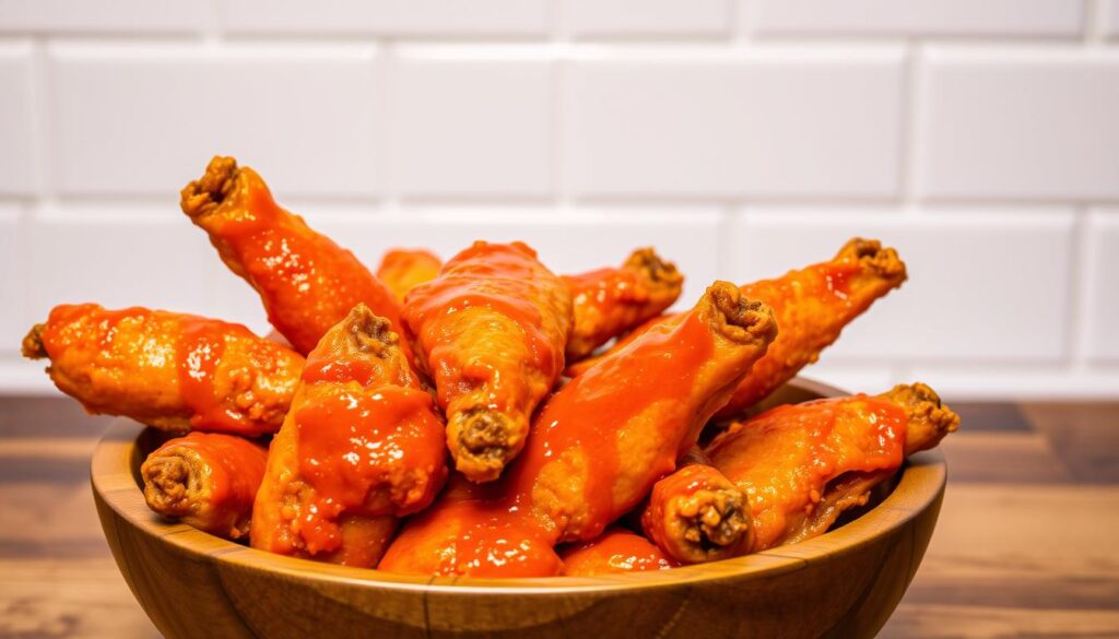 A mouthwatering feast of crispy, golden-brown chicken wings, arranged in a rustic, wooden bowl. The wings are generously coated in a tangy, signature buffalo sauce, glistening under the warm, soft lighting. In the background, a simple, white-tiled wall provides a clean, minimalist backdrop, allowing the vibrant colors and textures of the wings to take center stage. The scene evokes a casual, inviting atmosphere, perfect for a budget-friendly, yet delectable, dining experience.