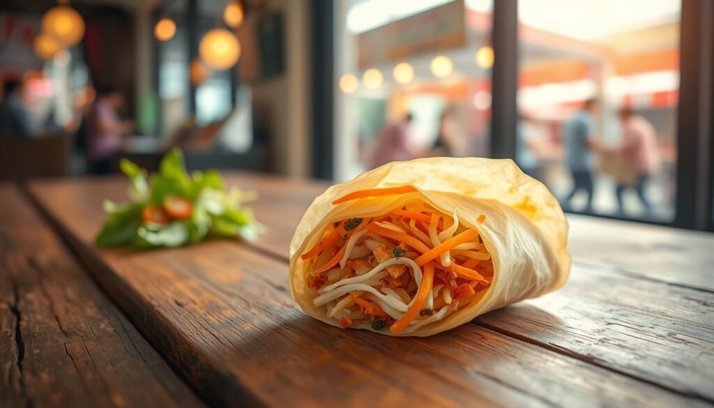 A mouthwatering fortune food popiah, its delicate rice paper wrapper gently embracing a vibrant medley of shredded turnip, julienned carrot, crunchy bean sprouts, and a savory blend of spices. The popiah is delicately placed on a rustic wooden table, its golden hue catching the warm, soft lighting that emanates from a nearby window, casting a cozy, homely ambiance. In the background, a glimpse of a bustling hawker center can be seen, hinting at the authentic Singaporean setting. The overall composition conveys a sense of culinary delight and cultural immersion, inviting the viewer to indulge in this quintessential Singaporean delicacy.