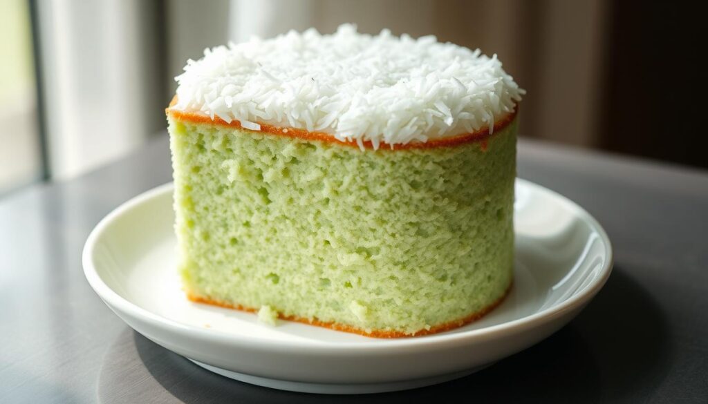 A mouthwatering pandan cake, its emerald green hue shimmering under soft, natural lighting. The cake's fluffy, pillowy texture is accentuated by a delicate crumb and a light, airy interior. Atop the cake, a crown of shredded coconut adds a delightful textural contrast and a subtle tropical aroma. The cake is presented on a simple, white porcelain plate, allowing its vibrant color and inviting appearance to take center stage. The overall composition exudes a sense of culinary elegance and precision, perfectly capturing the essence of the "Best Pandan Cake Singapore" for dessert lovers.