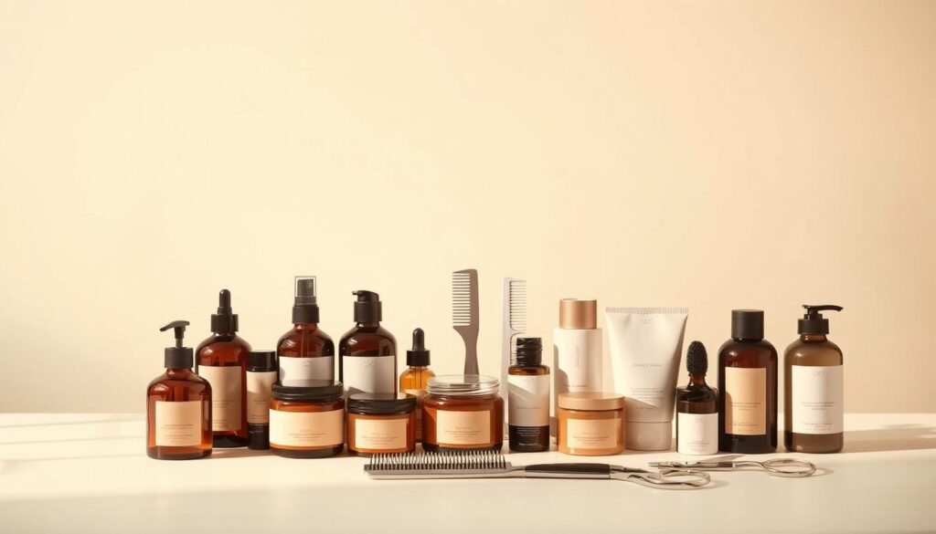 A neatly arranged still life showcasing an array of premium hair care products in a softly lit, minimalist studio setting. In the foreground, a collection of stylish bottles, jars, and tubes in earthy tones and sleek, modern designs. The middle ground features a few select tools like a comb, brush, and scissors, all positioned with careful attention to detail. The background is a plain, neutral backdrop, allowing the products to take center stage. The lighting is warm and diffused, creating a sense of tranquility and inviting the viewer to imagine how these items could help maintain a well-groomed hairstyle between salon visits.