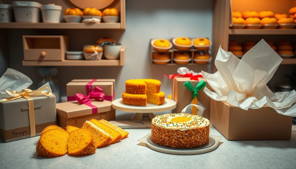 A neatly organized kitchen counter with a variety of mango cakes, including sliced and whole cakes, arranged alongside packaging materials such as boxes, ribbons, and tissue paper. The scene is illuminated by soft, warm lighting, creating a cozy and inviting atmosphere. In the background, shelves hold additional mango cakes, suggesting a well-stocked storage area. The overall composition conveys a sense of care and attention to detail in the presentation and handling of the cakes, reflecting the "Delivery and Storage Tips for Mango Cakes" section of the article. A neatly organized kitchen counter with a variety of mango cakes, including sliced and whole cakes, arranged alongside packaging materials such as boxes, ribbons, and tissue paper. The scene is illuminated by soft, warm lighting, creating a cozy and inviting atmosphere. In the background, shelves hold additional mango cakes, suggesting a well-stocked storage area. The overall composition conveys a sense of care and attention to detail in the presentation and handling of the cakes, reflecting the "Delivery and Storage Tips for Mango Cakes" section of the article.