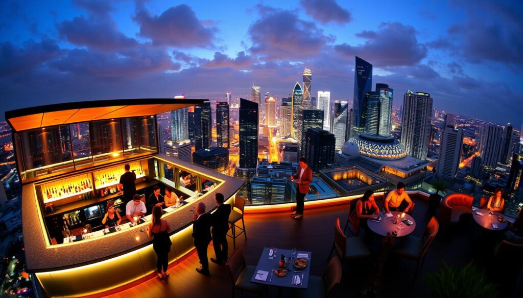 A panoramic view of the sleek and sophisticated NOVA rooftop bar in Singapore, perched atop a high-rise building with a breathtaking cityscape backdrop. The bar's modern, open-air design features a stylish glass enclosure, allowing for stunning 360-degree views of the glittering Singapore skyline. Warm, ambient lighting casts a cozy glow over the chic, minimalist furnishings, creating an inviting atmosphere perfect for celebrating a special occasion. In the foreground, a group of well-dressed patrons enjoy craft cocktails and gourmet tapas, while the middle ground showcases the bar's elegant bar counter and lounge seating. The background is dominated by the majestic, illuminated skyscrapers of the Singapore CBD, reflecting the city's vibrant, modern energy.