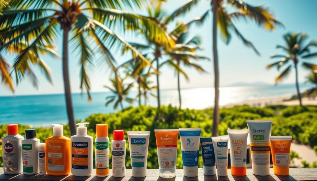 A picturesque outdoor scene featuring a variety of sunscreen products. In the foreground, several sunscreen bottles and tubes are neatly arranged, their labels prominently displayed. The mid-ground showcases a lush, verdant landscape with towering palm trees swaying gently in the warm breeze. In the background, a serene beach stretches out, the sun's rays glistening off the crystalline waves. The overall lighting is soft and natural, creating a calming, inviting atmosphere. The composition emphasizes the importance of sun protection for outdoor activities, highlighting the diverse sunscreen options available. The scene conveys a sense of relaxation and escapism, perfectly complementing the "Sunscreens for Outdoor Activities" section of the article.