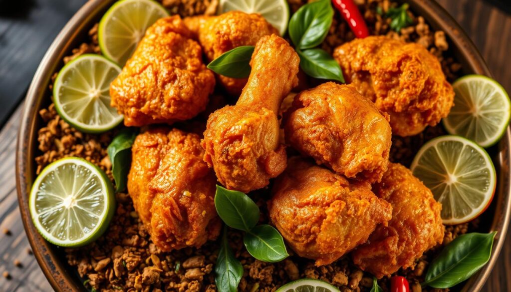 A platter of golden-brown, crispy fried chicken pieces nestled on a bed of fragrant, aromatic Indonesian-style spices and herbs. The chicken is coated in a crunchy, seasoned batter that glistens under warm, soft lighting. Slices of fresh lime, chili peppers, and aromatic kaffir lime leaves surround the chicken, adding pops of color and vibrant flavor. The image is captured from a high angle, emphasizing the rich, savory details of the dish. The overall mood is inviting, mouthwatering, and evocative of the authentic, comforting flavors of Indonesian cuisine.