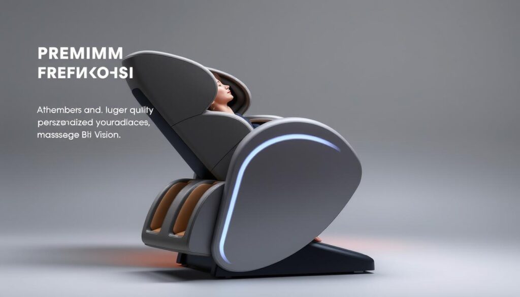 A premium massage chair with an ergonomic design, featuring a sleek and modern aesthetic. The chair is crafted with high-quality materials, including a plush, padded backrest and seat, and a sturdy, adjustable frame. Soft, ambient lighting illuminates the chair, creating a relaxing atmosphere. The chair's advanced massage technology incorporates Bio Vision, offering a personalized and therapeutic experience. Detailed textures and shading highlight the premium quality and attention to detail. The chair is positioned in a minimalist, serene setting, allowing the focus to remain on the luxurious massage experience.