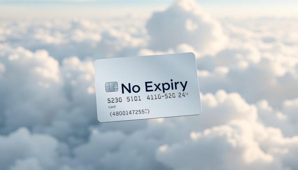 A pristine silver credit card floating against a serene, cloud-filled sky. The card's surface reflects the ambient light, creating a sense of depth and luminosity. In the foreground, the card's face is prominently displayed, showcasing the words "No Expiry" in bold, modern typography. The composition is balanced, with the card occupying the central focus while the background provides a calming, ethereal presence. The overall mood is one of tranquility and clarity, emphasizing the key benefit of an air miles card with no expiry date.