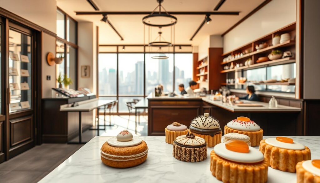 A quaint European-style patisserie, with a delicate Japanese influence. In the foreground, an assortment of meticulously crafted pastries, their delicate fillings and intricate designs hinting at the fusion of culinary traditions. The middle ground showcases the warm, inviting interior, with natural light streaming through large windows, illuminating the sleek, minimalist décor. In the background, a stunning view of a bustling city skyline, a nod to the vibrant urban setting. The scene emanates a sense of refined elegance, where the best of East and West come together in a harmonious, mouthwatering display.