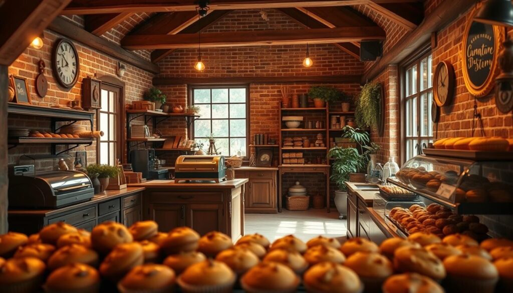 A quaint rustic muffin bakery nestled in a cozy corner, the warm glow of wooden beams and brick walls creating a charming ambiance. In the foreground, an inviting display of freshly baked muffins, their tempting aromas wafting through the air. The middle ground showcases a vintage-inspired cash register and shelves lined with artisanal baked goods. In the background, a large window floods the space with natural light, while potted plants and antique decor add to the homely, countryside feel. The overall scene exudes a sense of comfort and craftsmanship, inviting visitors to indulge in the delights of this signature patisserie.