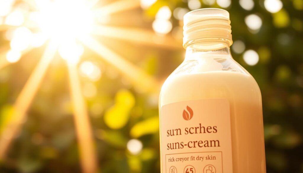 A radiant, close-up shot of a sun-kissed, glass bottle containing a rich, creamy sunscreen for dry skin. The bottle is positioned in the foreground, with a softly blurred, sun-dappled background of verdant foliage and a warm, golden-hour sky. The sunscreen's texture is visibly thick and luxurious, with a slight sheen that catches the gentle lighting. The label features a minimalist, botanical-inspired design in earthy tones, conveying a sense of natural nourishment. The entire scene exudes a serene, spa-like ambiance, inviting the viewer to indulge in self-care and protection against the elements.