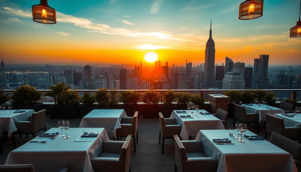A rooftop dining terrace with stunning panoramic views of a vibrant city skyline. In the foreground, elegantly set tables and plush seating under the warm glow of pendant lighting. Crisp white tablecloths and fine china set the table for an elevated dining experience. The middle ground features lush potted greenery and subtle architectural details, creating a serene ambiance. In the background, a breathtaking cityscape with towering skyscrapers, their glass facades reflecting the golden hour sunset. A tranquil, romantic atmosphere pervades the scene, inviting diners to savor the delectable cuisine and sublime vistas.