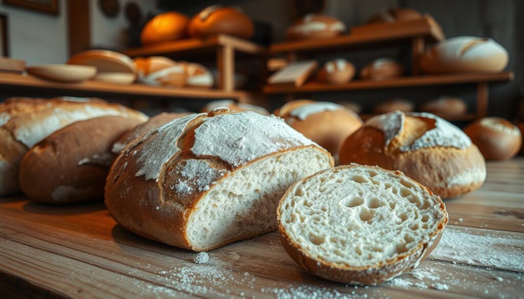 A rustic artisanal bakery, soft lighting illuminating a wooden counter showcasing an array of freshly baked sourdough loaves. Thick, golden-brown crusts and an enticing aroma fill the cozy space. In the foreground, a single loaf is sliced open, revealing a soft, airy crumb with a delicate chew. Flour dusts the surface, a testament to the skilled, handcrafted process. The background features shelves stocked with various specialty breads, each one a unique creation. An intimate, homey atmosphere invites the viewer to imagine the care and attention poured into these sourdough bakes.