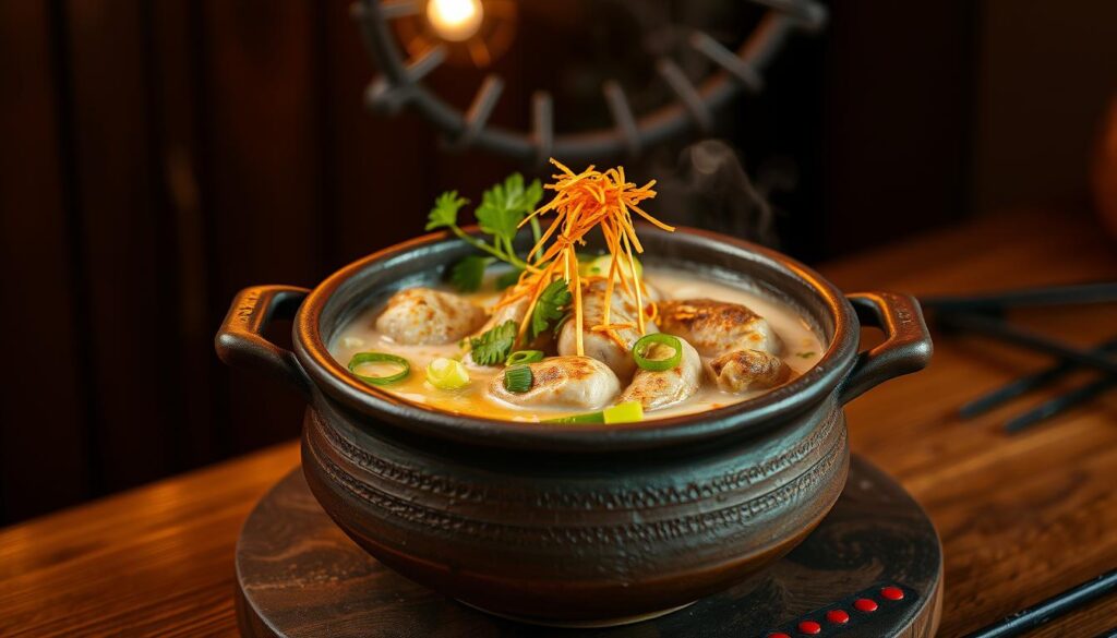 A rustic clay pot filled with a steaming, savory frog porridge sits atop a wooden table. The dish is garnished with fresh herbs, sliced scallions, and a sprinkle of crispy fried shallots, creating a visually appealing and aromatic presentation. Warm, golden lighting emanates from the background, casting a cozy glow over the scene. The image captures the authentic and comforting essence of this iconic Singaporean delicacy, inviting the viewer to explore its unique flavors and textures. A rustic clay pot filled with a steaming, savory frog porridge sits atop a wooden table. The dish is garnished with fresh herbs, sliced scallions, and a sprinkle of crispy fried shallots, creating a visually appealing and aromatic presentation. Warm, golden lighting emanates from the background, casting a cozy glow over the scene. The image captures the authentic and comforting essence of this iconic Singaporean delicacy, inviting the viewer to explore its unique flavors and textures.