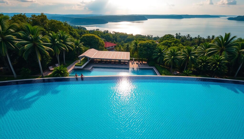 A serene aerial view of the Bedok Reservoir infinity pool, surrounded by lush greenery and towering palm trees. The sun casts a warm, golden glow over the pristine, glimmering waters, inviting visitors to take a refreshing dip. In the foreground, the pool's edge blends seamlessly with the horizon, creating a sense of boundless tranquility. The middle ground features the modern, sleek design of the pool's architecture, complemented by the natural landscape. In the background, the Bedok Reservoir stretches out, its calm surface reflecting the surrounding foliage and sky. The overall scene exudes a harmonious balance between nature and human-made elements, creating an idyllic and relaxing atmosphere.