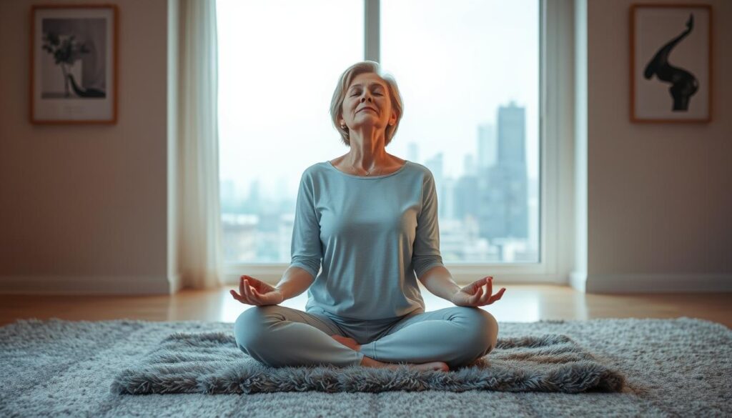 A serene meditative scene with a middle-aged woman sitting cross-legged on a plush carpet, her eyes closed in deep contemplation. The lighting is soft and diffuse, creating a calming atmosphere. In the background, a large window overlooks a city skyline, the distant high-rises fading into a hazy horizon. The walls are adorned with minimalist artwork, complementing the tranquil mood. The woman's posture is relaxed, her hands resting gently on her lap, as she finds solace in the quiet moment of self-reflection.