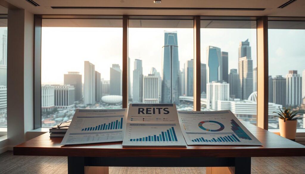 A serene, modern office setting with a large window overlooking the bustling city skyline of Singapore. On the desk, several financial reports and charts are neatly arranged, highlighting the top-performing REITs in the country. The lighting is warm and natural, casting a soft glow across the space. The atmosphere is one of professionalism and success, conveying the strength and stability of these leading real estate investment trusts. The camera angle is slightly elevated, providing a comprehensive view of the desk and its contents. The overall composition emphasizes the prominence and performance of these top-tier REITs within the Singapore market.