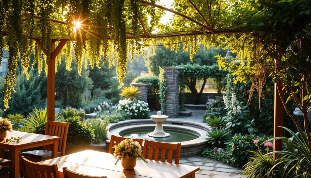A serene outdoor dining area, surrounded by a lush, nature-infused landscape. The foreground features a wooden dining table and chairs, adorned with delicate floral arrangements. Cascading vines and verdant foliage create a canopy-like ambiance, filtering the warm, golden sunlight that bathes the scene. In the middle ground, a tranquil water feature, such as a small pond or fountain, reflects the surrounding greenery. The background showcases a diverse array of flourishing trees, plants, and flowers, creating a harmonious, natural oasis. The overall atmosphere evokes a sense of tranquility, inviting guests to relax and savor the dining experience amidst the serene, nature-inspired setting.
