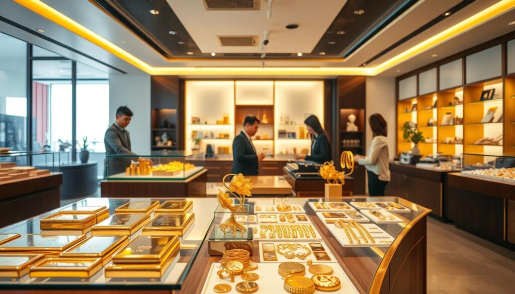A serene, well-lit interior of a reputable gold retailer in Singapore. The foreground showcases a display of gleaming gold bars, coins, and jewelry pieces, meticulously arranged on a polished wooden counter. The middle ground features a team of professional, well-dressed staff assisting customers with their purchases, exuding a sense of trust and expertise. The background depicts a modern, elegant store design with warm lighting, clean lines, and tasteful decor, creating an inviting and sophisticated atmosphere. The image conveys the reliability, quality, and customer-centric approach of a trusted gold retailer in the heart of Singapore.