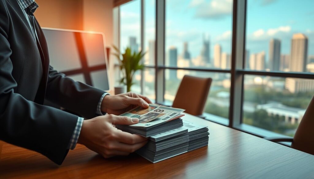 A serene, well-lit office setting with a wooden desk showcasing a stack of financial documents and a sleek, minimalist computer monitor. In the foreground, a pair of hands carefully arranging stacks of crisp bank notes, symbolizing the secure nature of fixed deposits. The background features a panoramic view of the Singapore skyline through large windows, conveying a sense of stability and prosperity. The overall scene is bathed in a warm, golden glow, creating an atmosphere of trust and reliability.