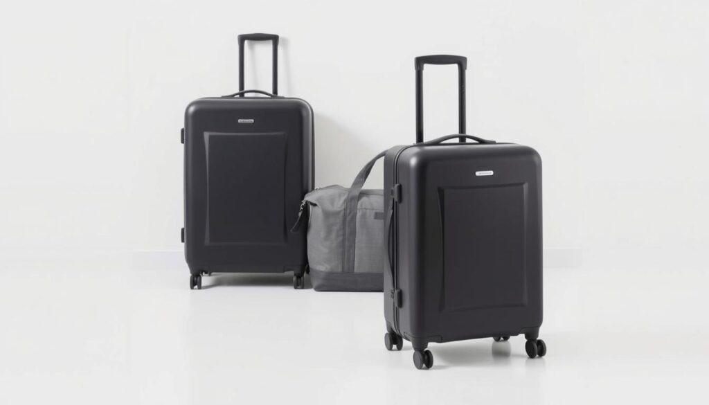 A set of budget-friendly Amazon Basics luggage in a minimalist composition. The foreground features a medium-sized hardshell suitcase in a matte black finish, its clean lines and simple design exuding an understated elegance. In the middle ground, a matching carry-on bag and a small duffel bag in a neutral gray tone complete the ensemble. The background showcases a plain white wall, allowing the luggage to take center stage. Soft, diffused lighting casts gentle shadows, emphasizing the high-quality build and durable construction of these practical, affordable travel essentials. A set of budget-friendly Amazon Basics luggage in a minimalist composition. The foreground features a medium-sized hardshell suitcase in a matte black finish, its clean lines and simple design exuding an understated elegance. In the middle ground, a matching carry-on bag and a small duffel bag in a neutral gray tone complete the ensemble. The background showcases a plain white wall, allowing the luggage to take center stage. Soft, diffused lighting casts gentle shadows, emphasizing the high-quality build and durable construction of these practical, affordable travel essentials.