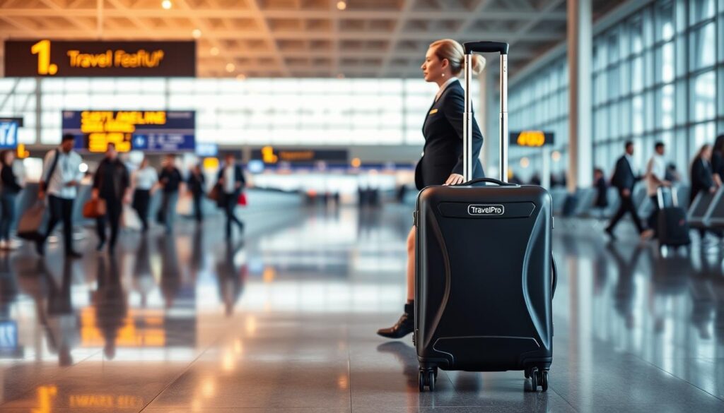 A sleek and durable TravelPro carry-on suitcase set against a backdrop of an airport departure lounge. The suitcase is made of premium black ballistic nylon with robust chrome hardware, gleaming under the warm, overhead lighting. The handle extends smoothly, and the multi-directional spinner wheels glide effortlessly across the polished terminal floor. In the middle ground, a uniformed flight crew member strides past, their crisp uniform and brisk pace conveying the efficient professionalism associated with the TravelPro brand. The background is a blurred scene of bustling airport activity - people hurrying to their gates, airport signage, and the architectural details of the terminal's high ceilings and large windows. A sleek and durable TravelPro carry-on suitcase set against a backdrop of an airport departure lounge. The suitcase is made of premium black ballistic nylon with robust chrome hardware, gleaming under the warm, overhead lighting. The handle extends smoothly, and the multi-directional spinner wheels glide effortlessly across the polished terminal floor. In the middle ground, a uniformed flight crew member strides past, their crisp uniform and brisk pace conveying the efficient professionalism associated with the TravelPro brand. The background is a blurred scene of bustling airport activity - people hurrying to their gates, airport signage, and the architectural details of the terminal's high ceilings and large windows.