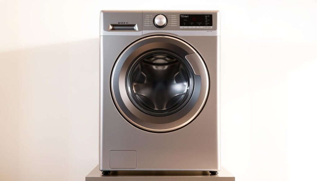 A sleek and modern Smeg 11kg washing machine, standing boldly in a bright, well-lit room. The front-loading appliance features a silver finish, with a large, tempered glass door that offers a glimpse into the machine's inner workings. The controls are clearly visible, showcasing the various wash cycles and settings. The machine is placed on a raised platform, allowing for easy access and a clean, uncluttered appearance. The lighting is soft and diffused, casting a warm glow on the machine and highlighting its premium design. The background is a simple, neutral-toned wall, allowing the washing machine to take center stage and command attention.