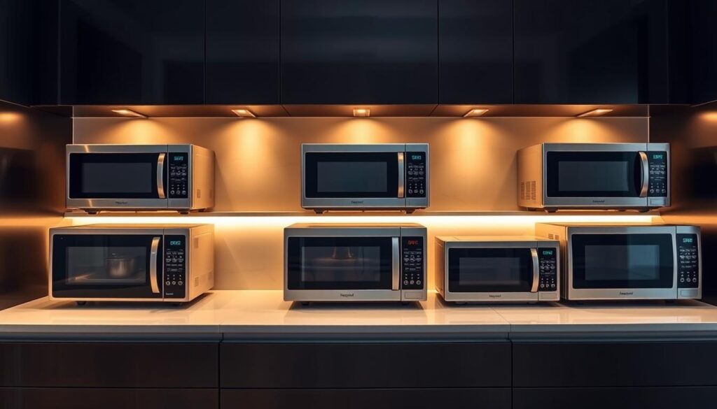 A sleek and modern kitchen countertop, illuminated by warm, diffused lighting. Arranged neatly on the surface are six state-of-the-art microwave ovens, each showcasing its distinctive design and features. The microwaves are positioned at eye level, allowing for a clear and detailed examination. The overall scene exudes a sense of sophistication and practicality, perfectly suited for a high-end kitchen environment. The microwaves are photographed from a slightly elevated angle, creating a balanced and visually appealing composition.