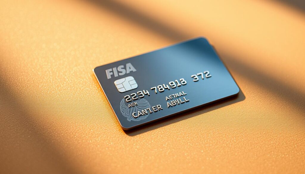 A sleek, metal travel credit card rests on a stylish, textured background, casting a soft, reflective glow. The card's surface showcases intricate, elegant design elements, hinting at the premium travel insurance benefits it offers. The lighting is warm and inviting, creating a sense of luxury and sophistication. The composition emphasizes the card's form and materiality, highlighting its status as a valuable tool for the discerning traveler. The overall atmosphere conveys a feeling of security, reliability, and the promise of seamless, worry-free journeys.