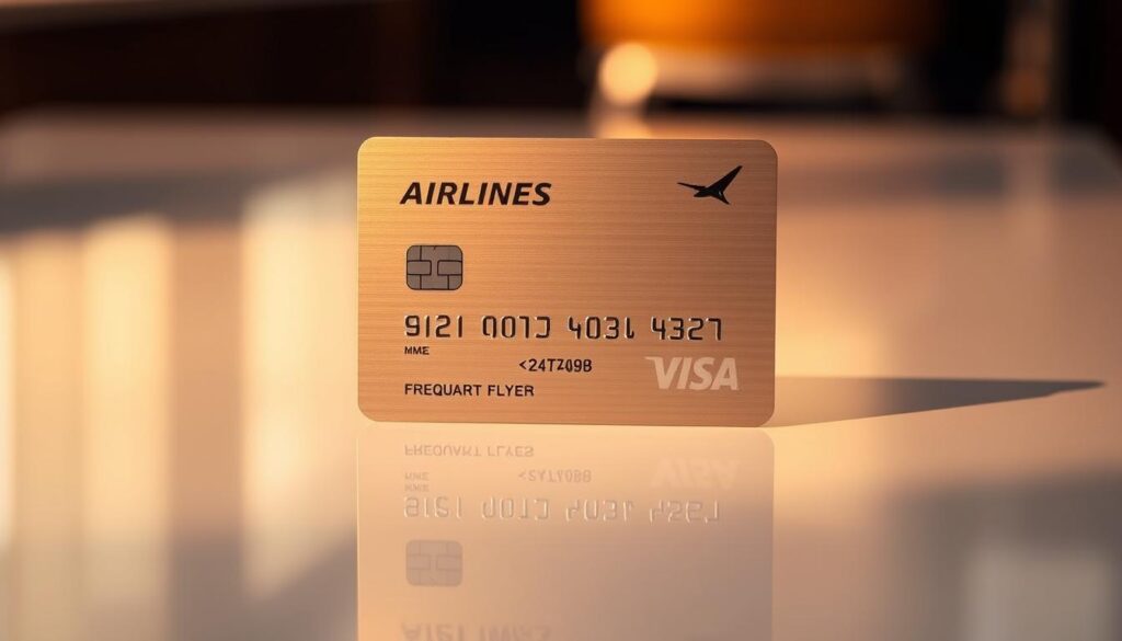 A sleek, metallic credit card with a minimalist design, featuring a prominent airline logo and discreet travel-themed embellishments. The card is positioned in the foreground, casting a subtle reflection on a polished, reflective surface. The background is blurred, creating a sense of depth and focus on the card itself. Warm, directional lighting casts gentle shadows, accentuating the card's contours and lending an air of sophistication. The overall mood is one of elegance, exclusivity, and the promise of seamless travel experiences for the frequent flyer.