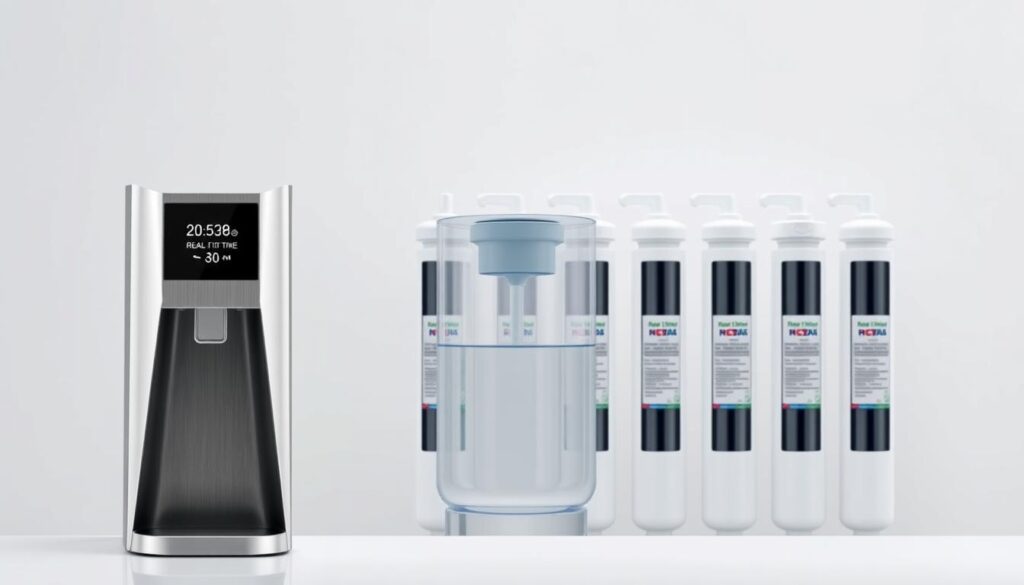 A sleek, minimalist water filtration system with a modern, user-friendly design. In the foreground, a stainless steel dispenser with a clean, angular silhouette and a high-resolution digital display showcasing real-time water quality metrics. The middle ground features a transparent water tank, allowing the user to visually monitor the filtration process. In the background, a series of advanced, multi-stage filters arranged in a visually striking, symmetrical pattern, conveying the system's advanced technological capabilities. Soft, even lighting illuminates the scene, creating a sense of clarity and sophistication. The overall mood is one of efficiency, precision, and a commitment to providing clean, filtered water effortlessly.