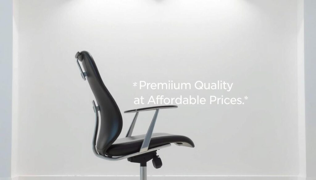 A sleek, modern ergonomic office chair stands in a well-lit, minimalist workspace. The chair's distinctive curved backrest and adjustable lumbar support provide exceptional comfort and support. Delicate silver accents and a black leather seat exude an air of sophistication. Soft, diffused lighting from above casts gentle shadows, highlighting the chair's elegant silhouette. The chair is positioned against a plain white wall, allowing it to take center stage as the focal point of the room. The overall scene conveys a sense of refined simplicity and premium quality, perfectly complementing the "NextChair: Premium Quality at Affordable Prices" section title.