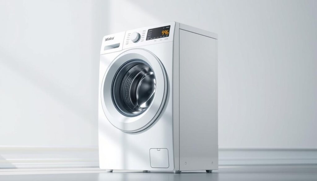 A sleek, modern front-load washing machine by Midea, the MFK968W, stands prominently in a bright, well-lit laundry room. The machine's glossy white finish and minimalist design are accentuated by soft, directional lighting, casting subtle shadows that highlight its contours. The 9kg drum capacity is prominently displayed on the machine's control panel, which features intuitive touch controls and a digital display. The background is a clean, neutral-toned space, allowing the appliance to be the focal point. The overall scene conveys a sense of efficiency, practicality, and attention to detail, perfectly aligning with the high-quality standards expected from a premium front-load washing machine.