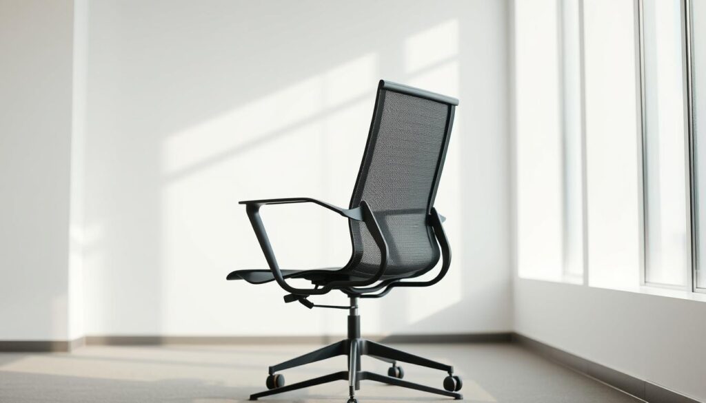 A sleek, modern mesh office chair against a bright, airy backdrop. The chair features a breathable mesh backrest and seat, providing ventilation and comfort in Singapore's warm, humid climate. The frame is a minimalist metal construction in a matte black finish, complemented by the translucent mesh material. Soft, diffused lighting from large windows bathes the scene in a natural, ambient glow, highlighting the chair's clean lines and elegant silhouette. The composition places the chair in a minimalist, contemporary workspace setting, allowing its design to take center stage and convey a sense of refined professionalism and functionality.