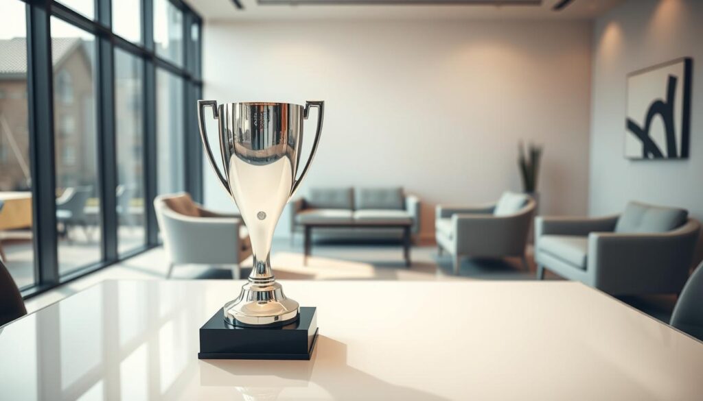 A sleek, modern office setting with a minimalist design. In the foreground, a gleaming trophy or award stands prominently on a sleek, glass-topped table, its metallic accents catching the light from the large windows. In the middle ground, elegant chairs and a low, modern couch create a comfortable seating area, while the background features a clean, neutral-toned wall, with a subtle, abstract art piece hanging in the corner. The lighting is soft and warm, creating a sense of professionalism and sophistication. The entire scene conveys a sense of recognition, achievement, and a celebration of excellence in the human resources field.