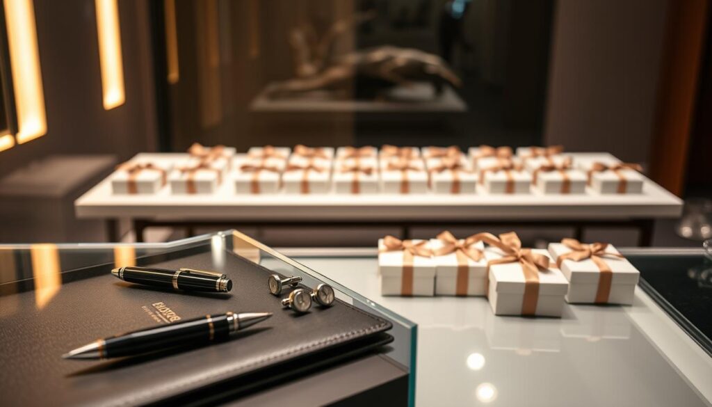 A sophisticated corporate event showcasing a curated selection of high-quality gifts. In the foreground, an elegant glass display case presents a range of luxurious items: a sleek fountain pen, a premium leather portfolio, and a pair of polished cufflinks. The middle ground features a modern, minimalist table with neatly arranged corporate gift boxes, each tied with a satin ribbon. In the background, a warm, diffused lighting setup illuminates the scene, creating a refined, professional atmosphere. The overall composition conveys a sense of exclusivity and attention to detail, perfectly suited for a corporate event setting.