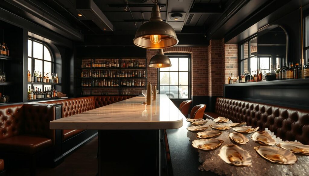 A sophisticated, dimly-lit oyster bar with a modern, chic ambiance. A sleek, marble-topped bar takes center stage, surrounded by plush, tufted leather banquettes and polished brass accents. Overhead, a striking industrial-style pendant light casts a warm, golden glow across the space. In the background, a wall of exposed brick adds depth and character. Shelves display a selection of premium liquors, complementing the fresh, briny oysters presented on crushed ice. Large windows allow natural light to filter in, creating a welcoming and sophisticated atmosphere perfect for an evening of exceptional seafood and drinks.