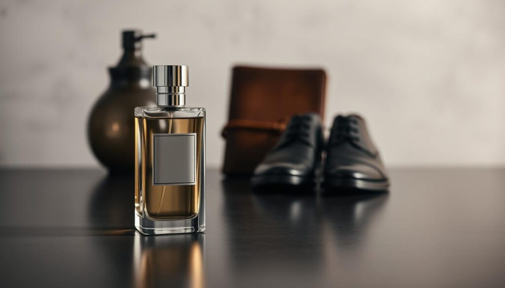 A sophisticated men's fragrance bottle stands prominently in the foreground, its sleek design and elegant glass finish reflecting the soft, warm lighting of the scene. In the middle ground, a minimalist display showcases the bottle alongside a few carefully selected accessories, such as a leather-bound journal and a pair of well-polished dress shoes, creating a sense of refined masculinity. The background features a subtly blurred, monochromatic setting, allowing the fragrance and its accompanying elements to take center stage and convey an atmosphere of timeless sophistication.