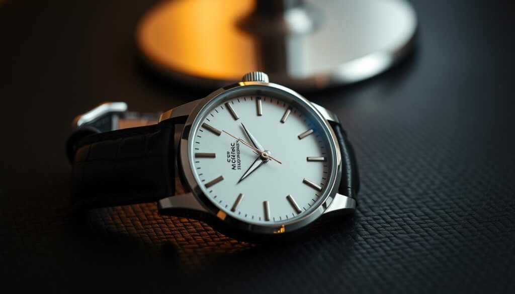 A sophisticated men's watch resting on a dark leather surface, its polished stainless steel case and sleek black leather strap catching the soft, warm light from an overhead studio lamp. The watch face is minimalist, with clean lines and elegant hands that gracefully indicate the time. The composition is framed tightly, emphasizing the watch's refined design and attention to detail, projecting an air of timeless sophistication and modern style. The overall mood is one of understated luxury, inviting the viewer to imagine the watch as the perfect accessory for the discerning gentleman.